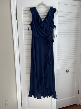 London Times Navy Ruffle Wrap Maxi Dress